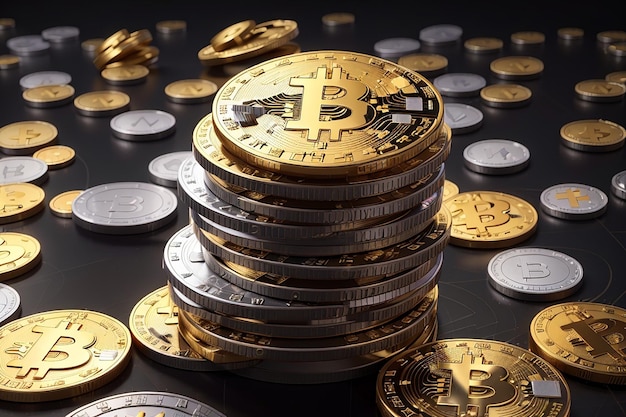 3d rendering stack di b monete come riferimento a blockchain con testo bitcoin sullo sfondo