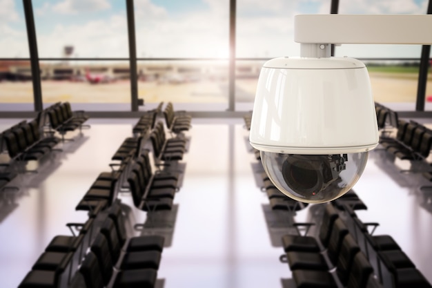 3d rendering telecamera cctv o telecamera di sicurezza nel terminal dell'aeroporto