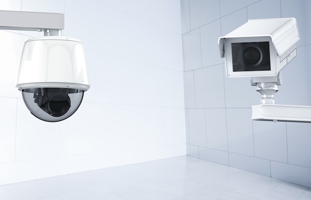 3D rendering telecamera cctv o telecamera di sicurezza su sfondo interno