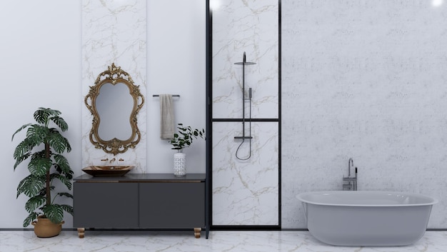 3d rendering toilette di lusso con combinazione di specchio classico vasca da bagno in marmo bianco e nero