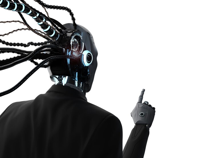 Foto 3d rendering uomo d'affari robotico con cavi indossare tuta