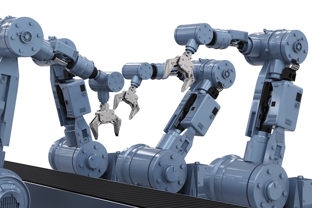 3d rendering white robotic arms with empty conveyor belt