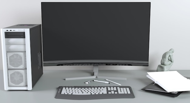 3d rendering workspace on table in black white tone computer and accessory on the workspace