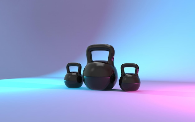 3d rendono attrezzature kettlebell da palestra su sfondo al neon