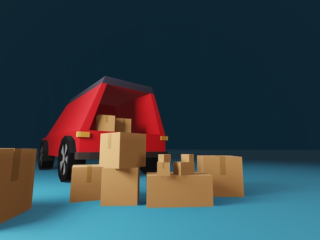 3D rendono del concetto di consegna con le scatole del pacchetto e del camion