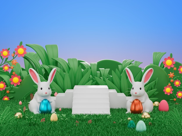 3d rendono del prodotto del podio dell'esposizione decorano con il coniglio e l'uovo di coniglietto di pasqua