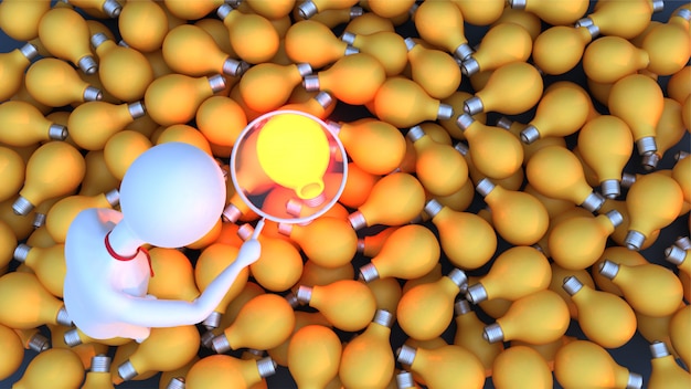 3D rendono dell'uomo d'affari che cerca la lampadina luminosa.