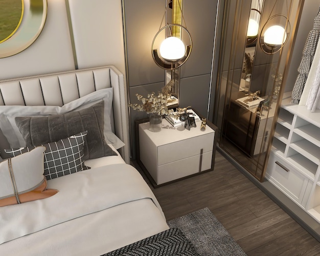 3d rendono il design degli interni della camera da letto accogliente di lusso moderno
