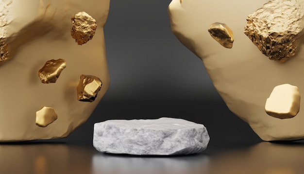 3d rendono il fondo astratto con il ciottolo della roccia dorata e l'illustrazione levitante della pepita grigia