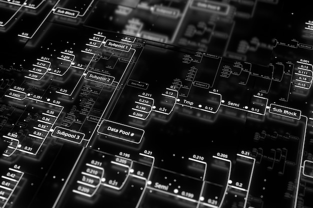 3d rendono il fondo astratto di tecnologia. Illustrazione del concetto di grandi dati. I decimali sono collegati in un grafico analitico.