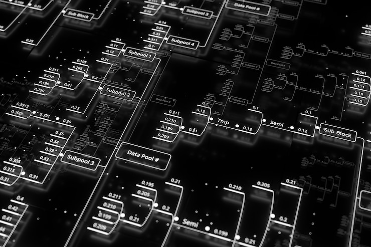 Foto 3d rendono il fondo astratto di tecnologia. illustrazione del concetto di grandi dati. i decimali sono collegati in un grafico analitico.