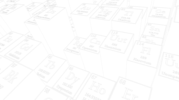 3d rendono il fondo chimico astratto. Tavola periodica degli elementi. Frammento della tavola di Mendeleev.