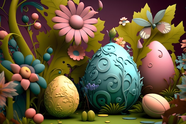 3d rendono l'illustrazione delle uova di pasqua e dei fiori con un tema di fiaba