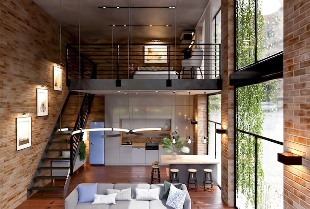 3d rendono l'interior design industriale del loft