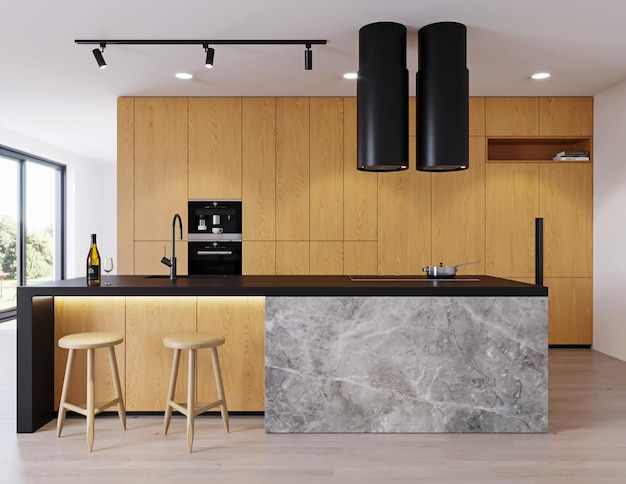 3d rendono la cucina moderna con mobili in legno e interni di design da tavolo