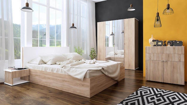 3d rendono la decorazione interna di legno della camera da letto moderna