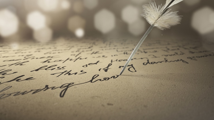 Foto 3d rendono la penna dell'inchiostro scrive la poesia su vecchia carta