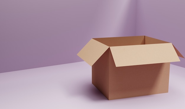 3D rendono la scatola di cartone generale di trasporto nella stanza viola
