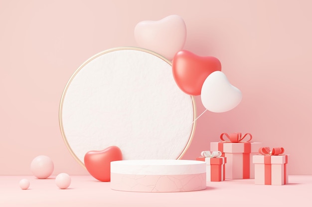 3d rendono la scena dolce minima con podio di visualizzazione per mock up e presentazione del marchio del prodotto. Piedistallo rosa per il tema di San Valentino. Sfondo carino bel cuore. Lo stile di design del giorno dell'amore.