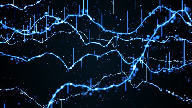 3d rendono lo sfondo dell'onda astratta del grafico digitale. Marcatore o tema aziendale. Molte particelle.