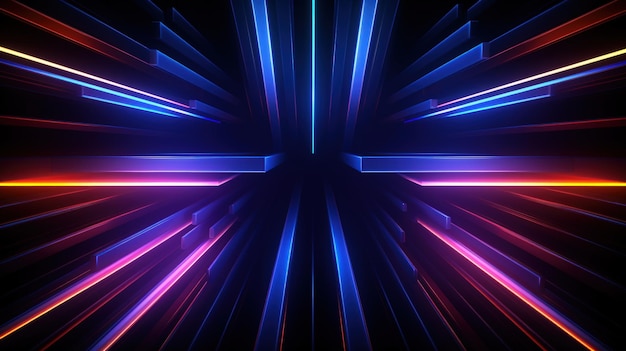 3d rendono lo sfondo geometrico astratto di linee al neon colorate che brillano nello sfondo futuristico scuro