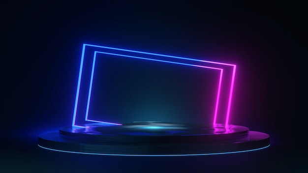 3d rendono lo sfondo scuro astratto con luci al neon blu e rosa quadrate