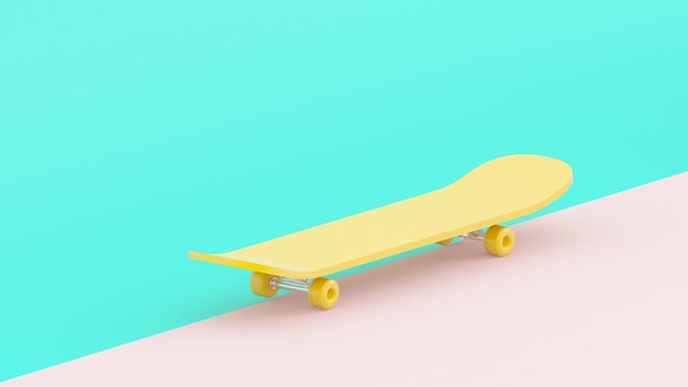 3d rendono lo skateboard giallo su sfondo turchese