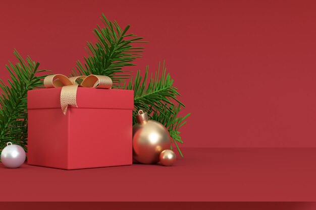 3d rendono lo spazio libero della parte di destra del nastro-sfera dell'oro del contenitore di regalo rosso astratto della scena di natale, l'inverno del nuovo anno di natale di festa