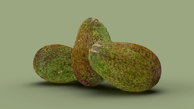 3d rendono tre avocado su uno sfondo verde cibo sano