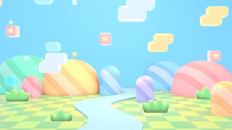 Foto 3d reso cartoon carino terra con montagne campo d'erba e nuvole volanti