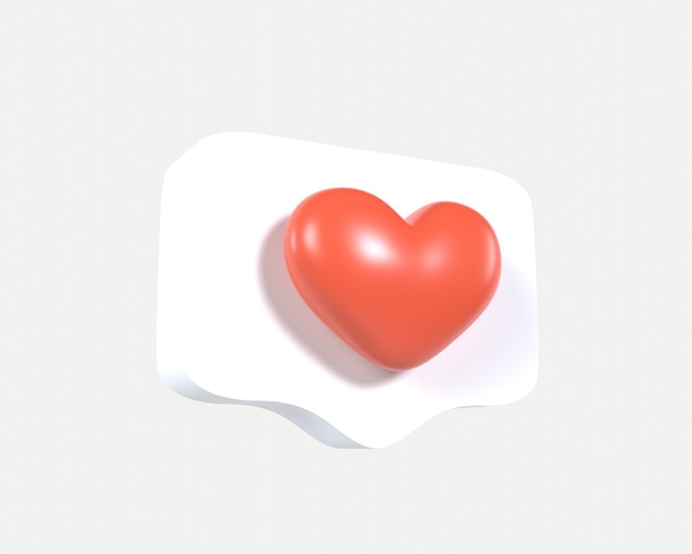 3D rossa come icona di notifica sui perni che volano. Rendering realistico cuore emoji bolla vocale sociale.