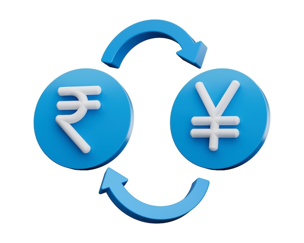 3d rupia indiana bianca e simbolo Yen sull'icona blu arrotondata con illustrazione 3d delle frecce di scambio di denaro