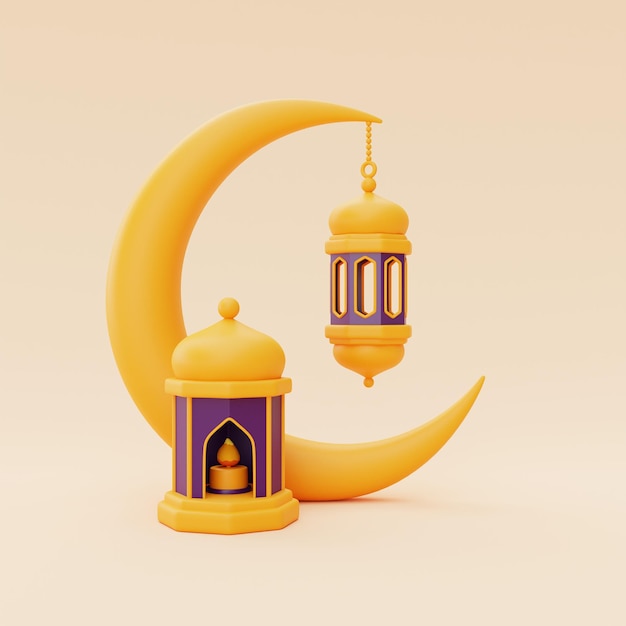 3d saluti ramadan con lanterna e falce di luna festa islamica Raya Hari Eid al Adha rendering 3d