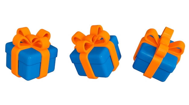 3d scatole regalo volanti colori blu con un fiocco di nastro arancione su sfondo bianco Compleanno di Natale