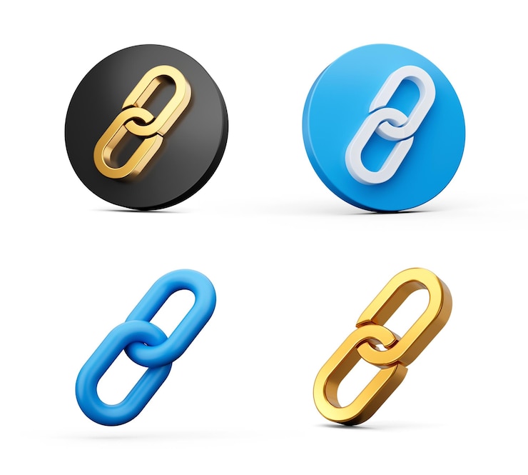 Photo 3d set of four different style of link chain symbols with rounded icons 3d illustration