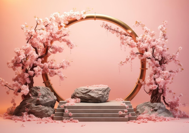 3D sfondo podio rosa display Sakura fiore rosa caduta passo di promozione di prodotti cosmetici o di bellezza piedistallo floreale pastello astratto pubblicità minima AI generativo