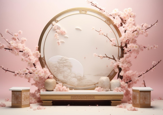 3D sfondo podio rosa display Sakura fiore rosa caduta passo di promozione di prodotti cosmetici o di bellezza piedistallo floreale pastello astratto pubblicità minima AI generativo