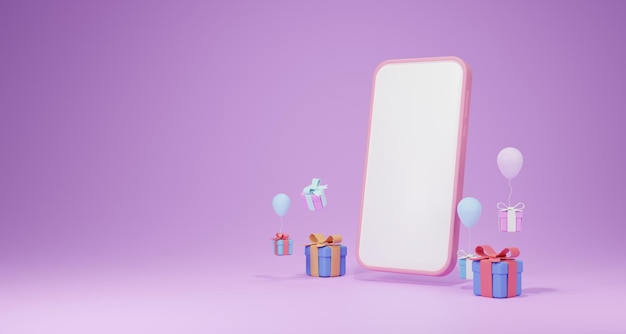 3D Shopping online minimo su smartphone servizio applicativo marketing digitale concetto di acquisto online rendering 3d