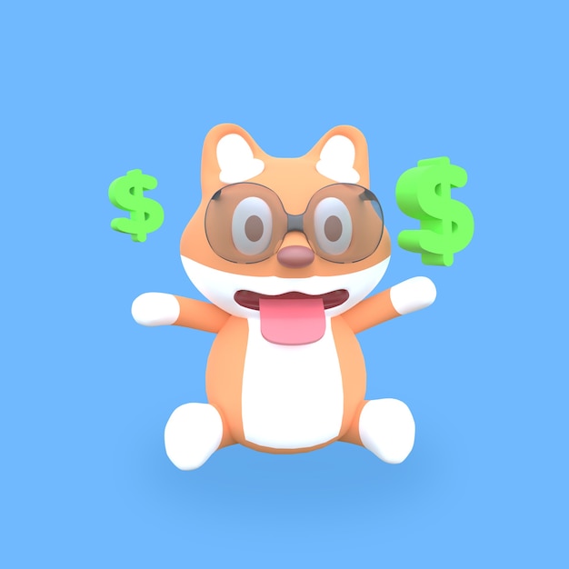 3d simpatico cane shiba inu con dollaro verde galleggiante su sfondo blu