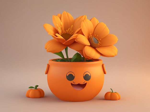 3d simpatico cartone animato fiore rosa in un vaso di Generate AI