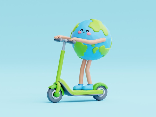 3D simpatico personaggio dei cartoni animati della terra mondo Giornata dell'ambiente salva il pianeta e l'energia rendering 3d ecologico