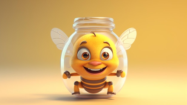 3d simpatico personaggio dei cartoni animati di api mellifere e barattolo di miele AI generativa