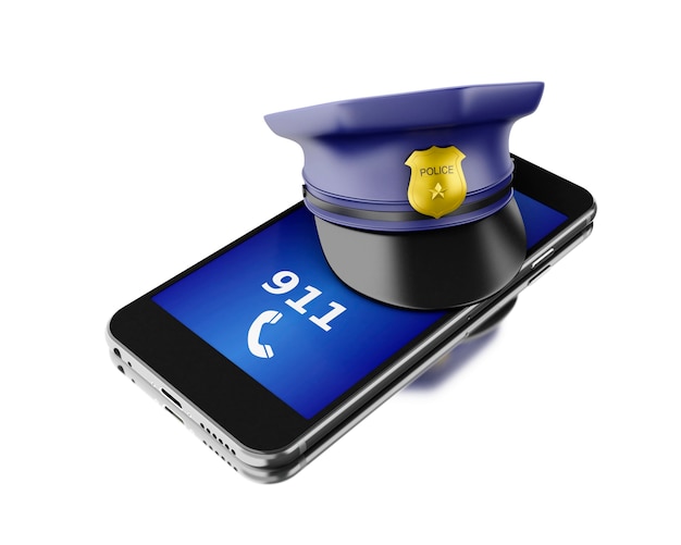 3d Smartphone con un cappello di polizia. Concetto di servizi di sicurezza mobile.