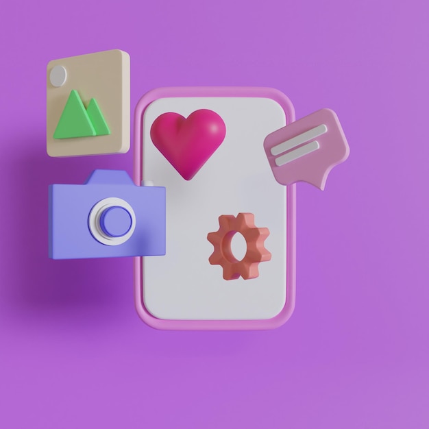 3D smartphone social media network abstract social media e tecnologia 3d icona fotocamera cuore impostazione foto chat su sfondo viola render illustrazione