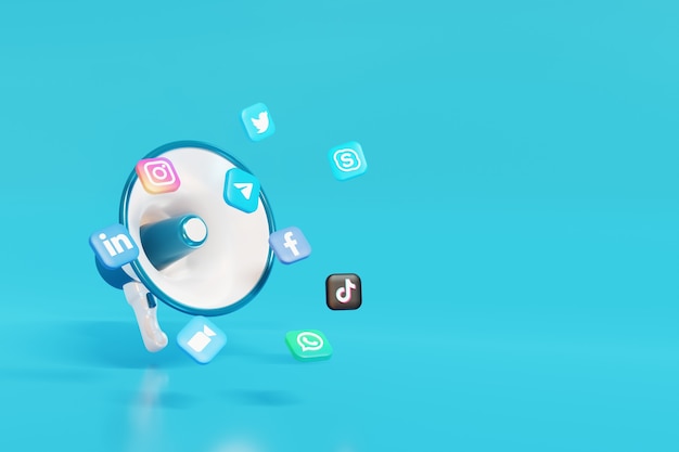 3d social media marketing digitale megapahone con sfondo blu