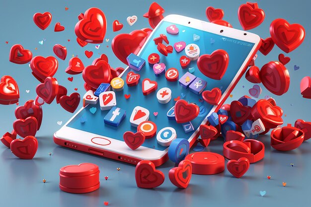 3D social media online piattaforma concetto di comunicazione sociale online su applicazioni cellulare con cuore e amore emoji icona come e giocare in bolla rossa icone 3D rendering vettoriale concetto