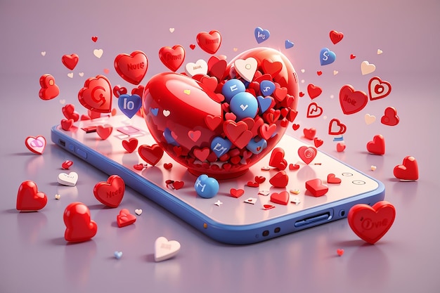 3D social media online piattaforma concetto di comunicazione sociale online su applicazioni cellulare con cuore e amore emoji icona come e giocare in bolla rossa icone 3D rendering vettoriale concetto