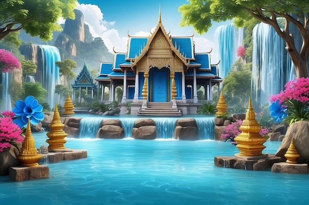 3d Songkran Festival Background in Thailandia Festival dell'acqua 3d con con spruzzo d'acqua blu