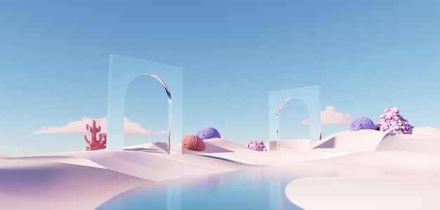 3D Surreal Beautiful Dream land background Dune astratte nel paesaggio della stagione invernale con motivi geometrici