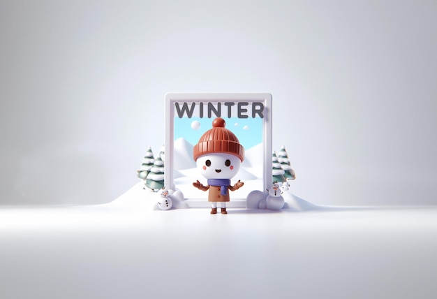 3D un personaggio di cartone animato è in piedi in una cornice con la parola inverno su di esso
